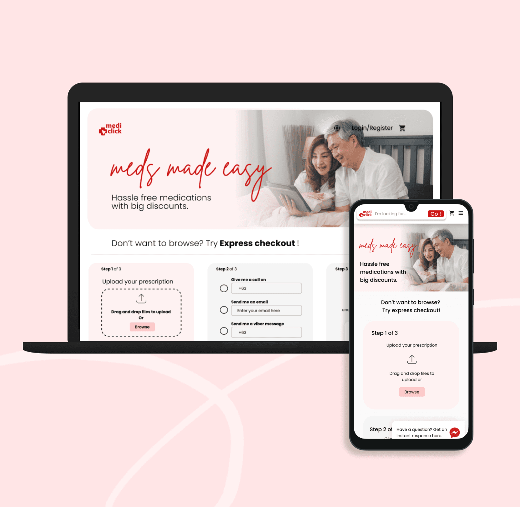 Mediclick online pharmacy desktop and mobile website designs, including prescription upload and express checkout