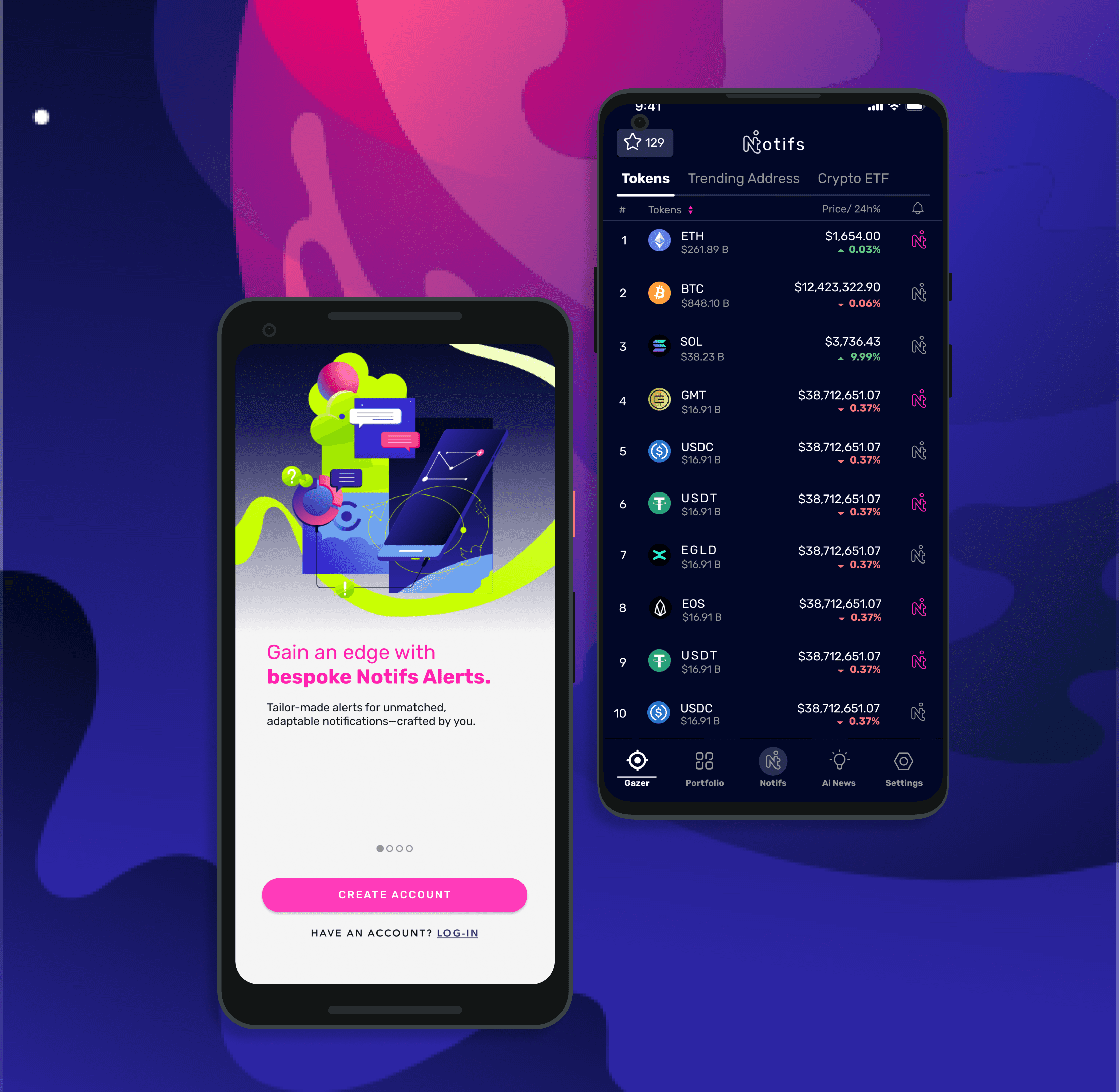 Notifs crypto portfolio app screens from the original case study